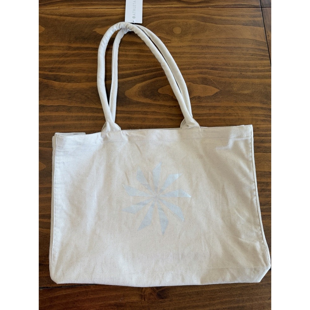 Athleta Tote Bag Gym Large Canvas Natural Silver Reusable Shopping Bag 18.5 x 13